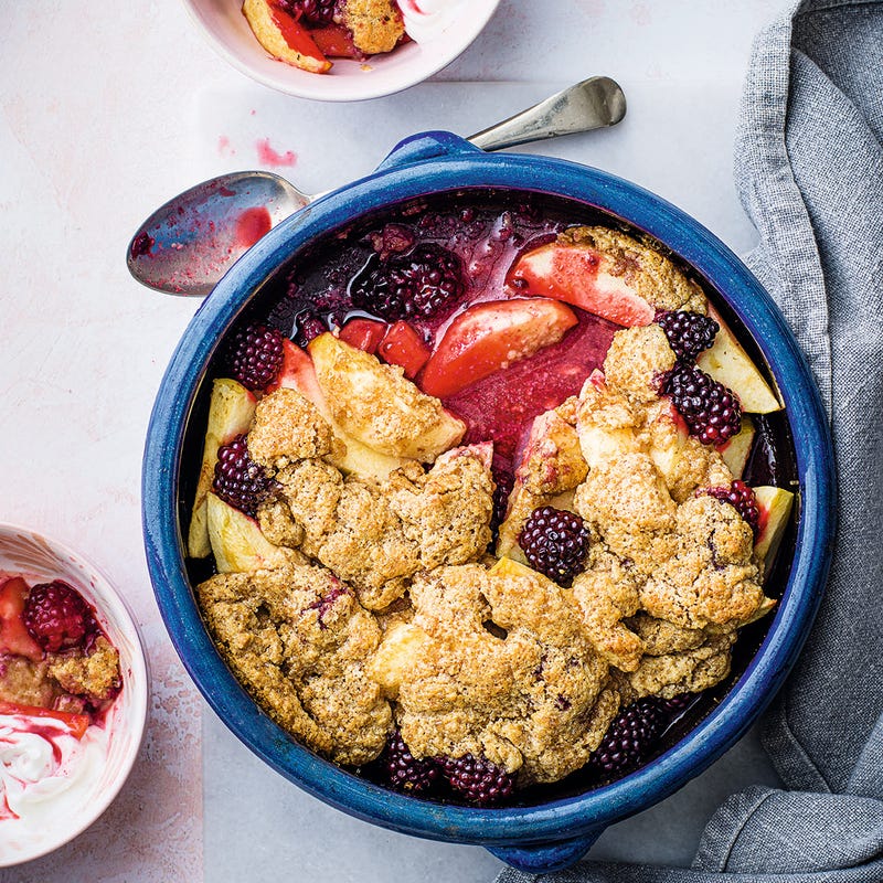 A prepared serving of apple-berry cobbler