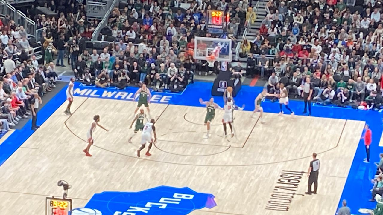 Chicago Bulls and Milwaukee Bucks players compete at Fiserv Forum in an earlier matchup