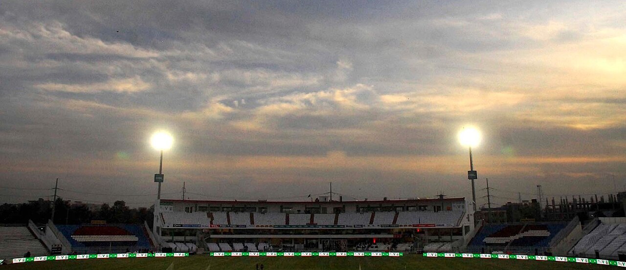 Floodlit view of Rawalpindi Cricket Stadium in Pakistan, venue of the tri-series match