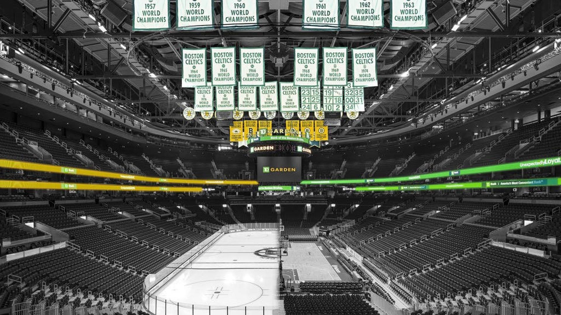 Basketball court and championship banners inside TD Garden