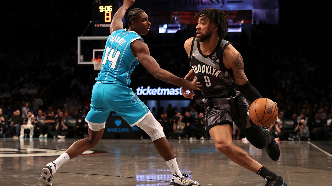 Brooklyn Nets guard Trendon Watford handles the ball against Charlotte Hornets forward Moussa Diabate during an earlier game in New York.