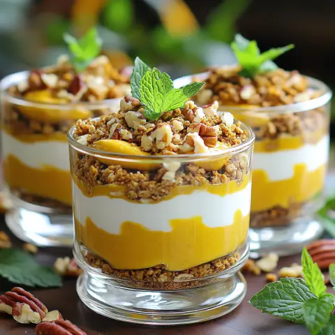 A prepared serving of pumpkin greek yogurt parfaits