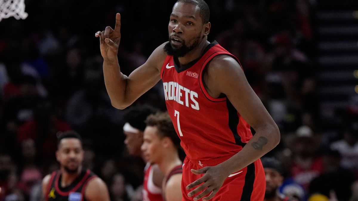Houston Rockets forward Kevin Durant celebrates during a March 2026 game against the Atlanta Hawks at Toyota Center