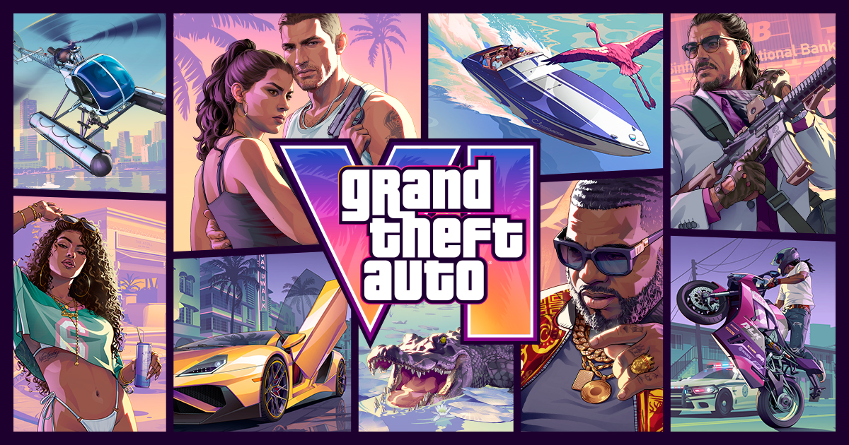 Official Grand Theft Auto VI key art showing Jason and Lucia, a speedboat, a sports car, an alligator and other characters around the game logo