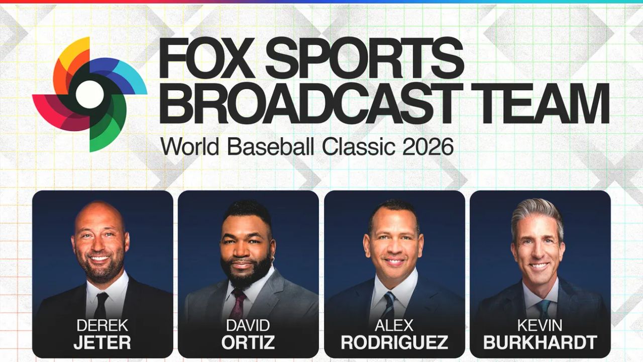 FOX Sports broadcasters Derek Jeter, David Ortiz and Alex Rodriguez in a network graphic.