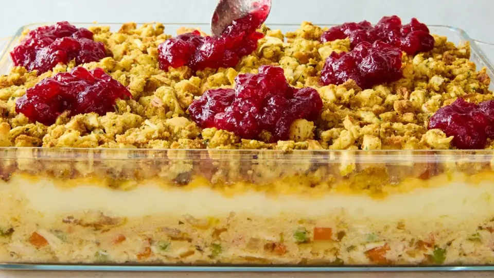 layered thanksgiving leftovers casserole as a finished dish ready to serve.