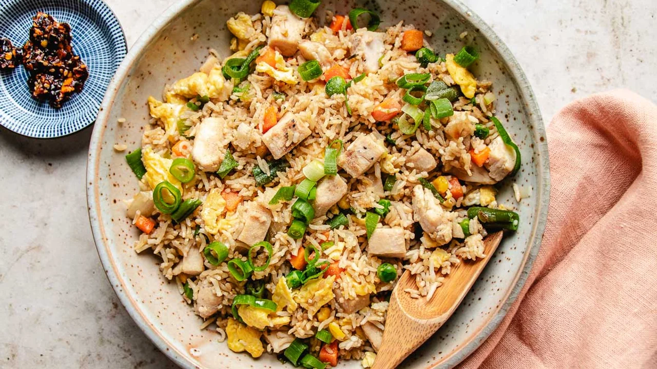 leftover turkey fried rice as a finished dish ready to serve.