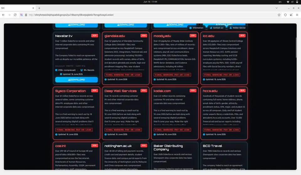 Illustration of criminal data-leak listings used to represent education-sector cyberattacks
