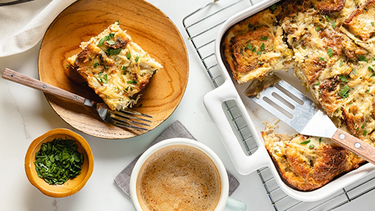 thanksgiving stuffing breakfast strata as a finished dish ready to serve.