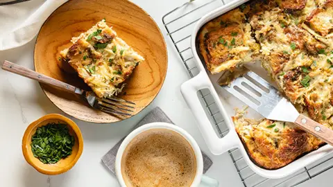 thanksgiving stuffing breakfast strata as a finished dish ready to serve.