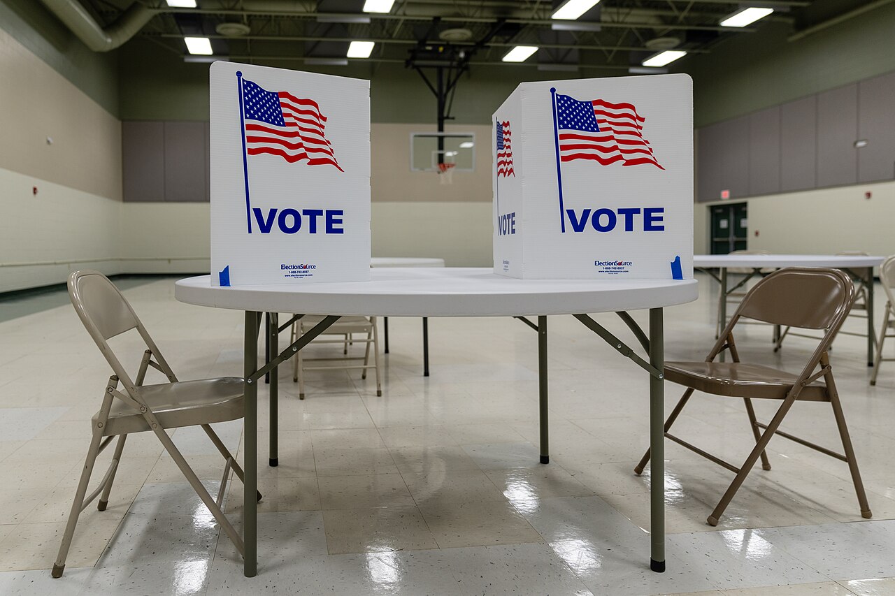 Voting booths set up inside a church polling place in Grand Rapids, Minnesota, on Election Day