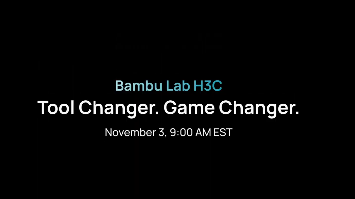 Bambu Lab H3C teaser image showing a printer with a front-mounted tool rack and numbered positions.