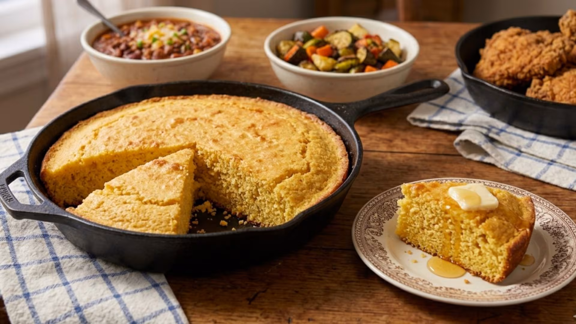 Golden cornbread baked in a cast-iron skillet with one wedge cut and served with butter
