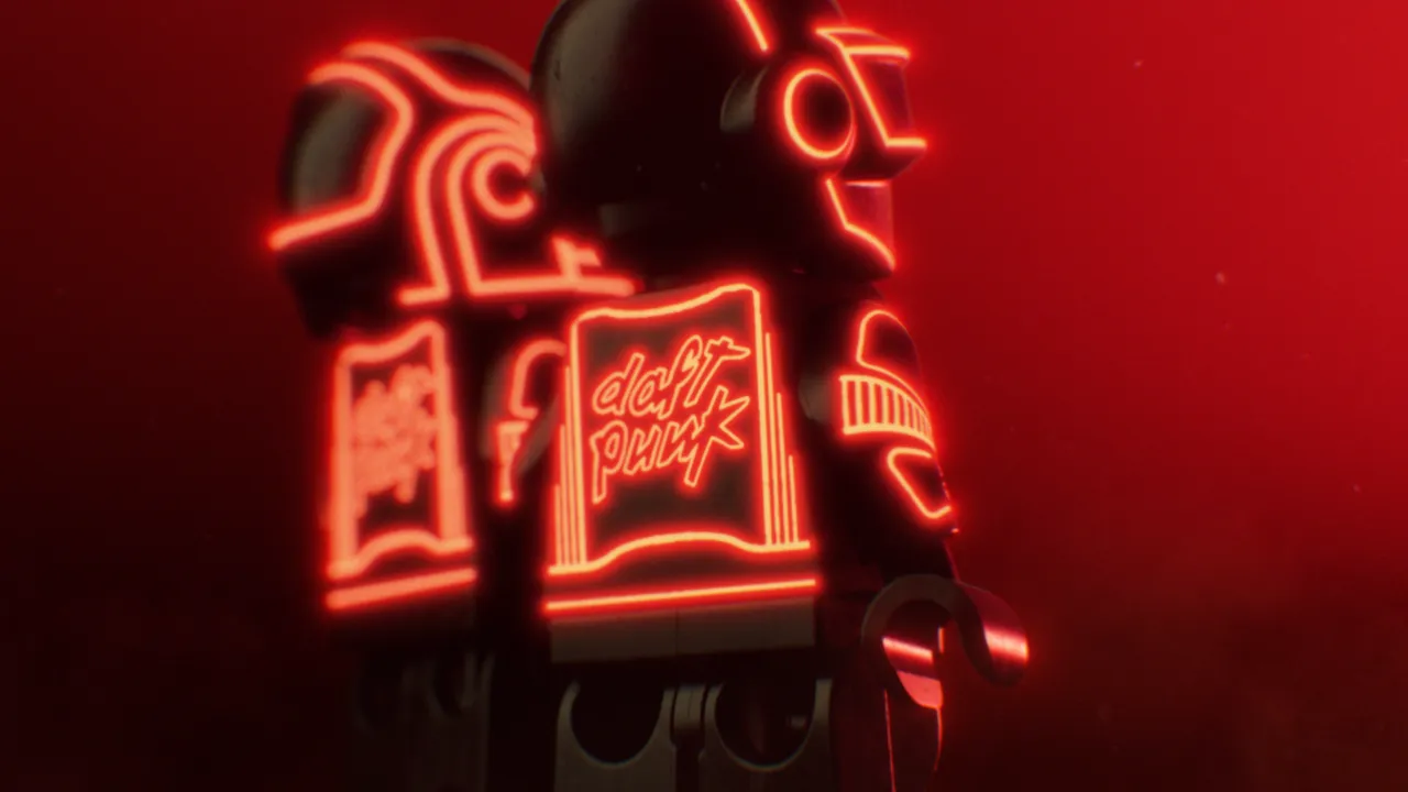 Close-up of a Daft Punk LEGO minifigure in a dark helmet, lit by red neon and wearing a glowing Daft Punk logo torso print.
