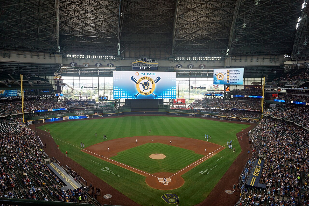 American Family Field in Milwaukee before a Brewers game, viewed from behind the outfield.