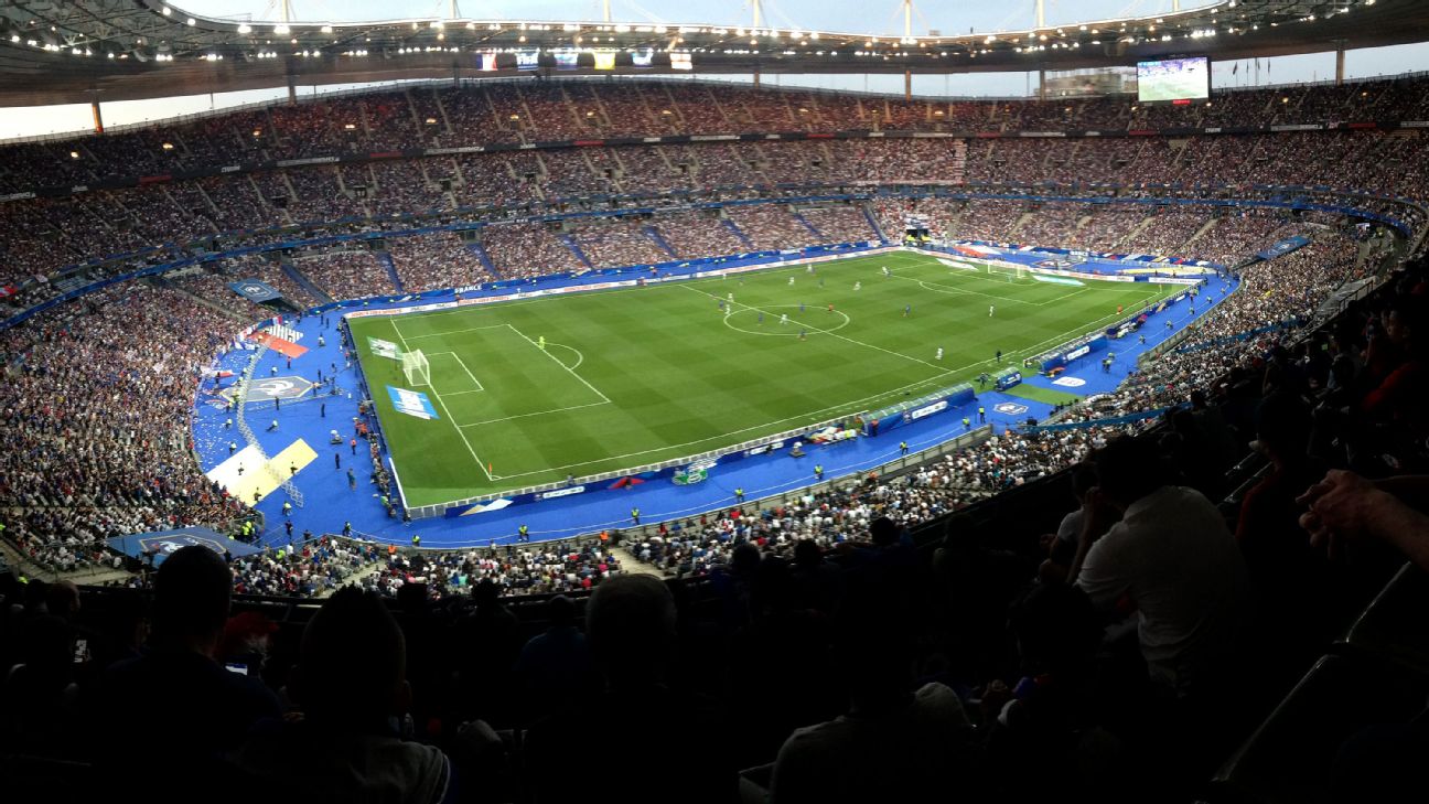 A packed Stade de France during an international soccer match, showing the stadium that hosted the NFL’s first regular-season game in France.