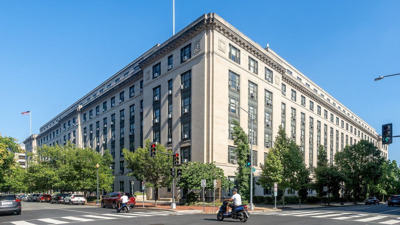 The U.S. General Services Administration headquarters stands at a Washington street corner.