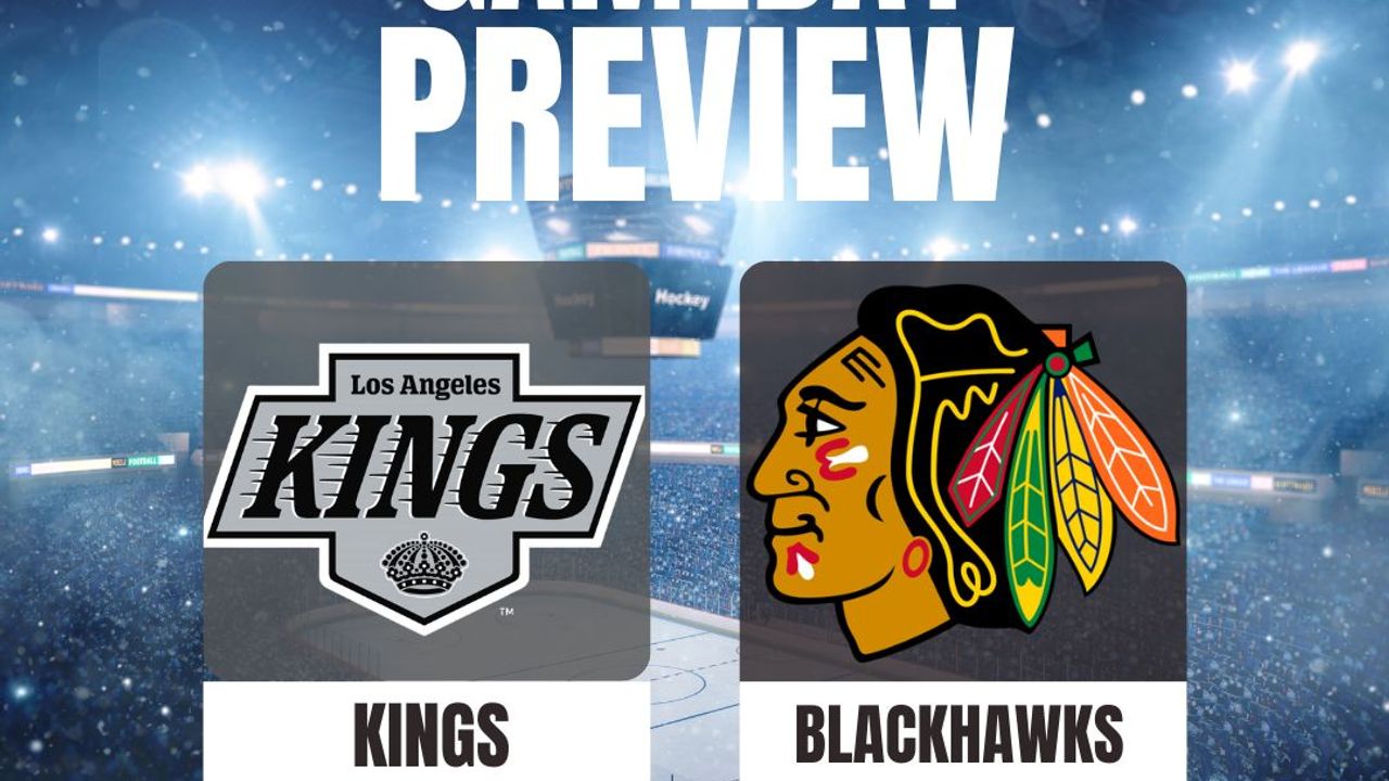 Los Angeles Kings and Chicago Blackhawks logos on a game-day preview graphic.