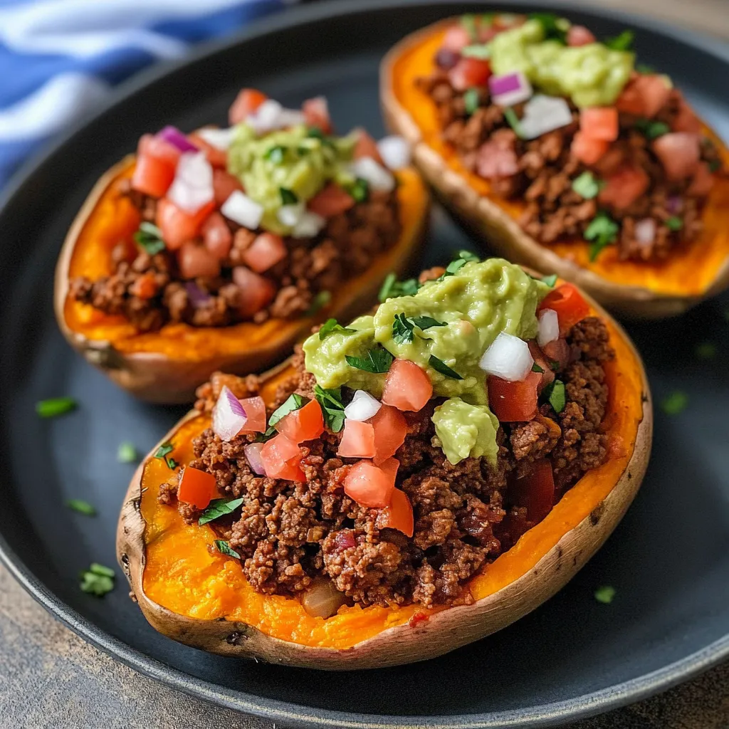 A prepared serving of taco-stuffed sweet potatoes