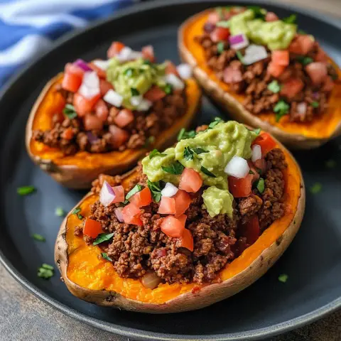 A prepared serving of taco-stuffed sweet potatoes