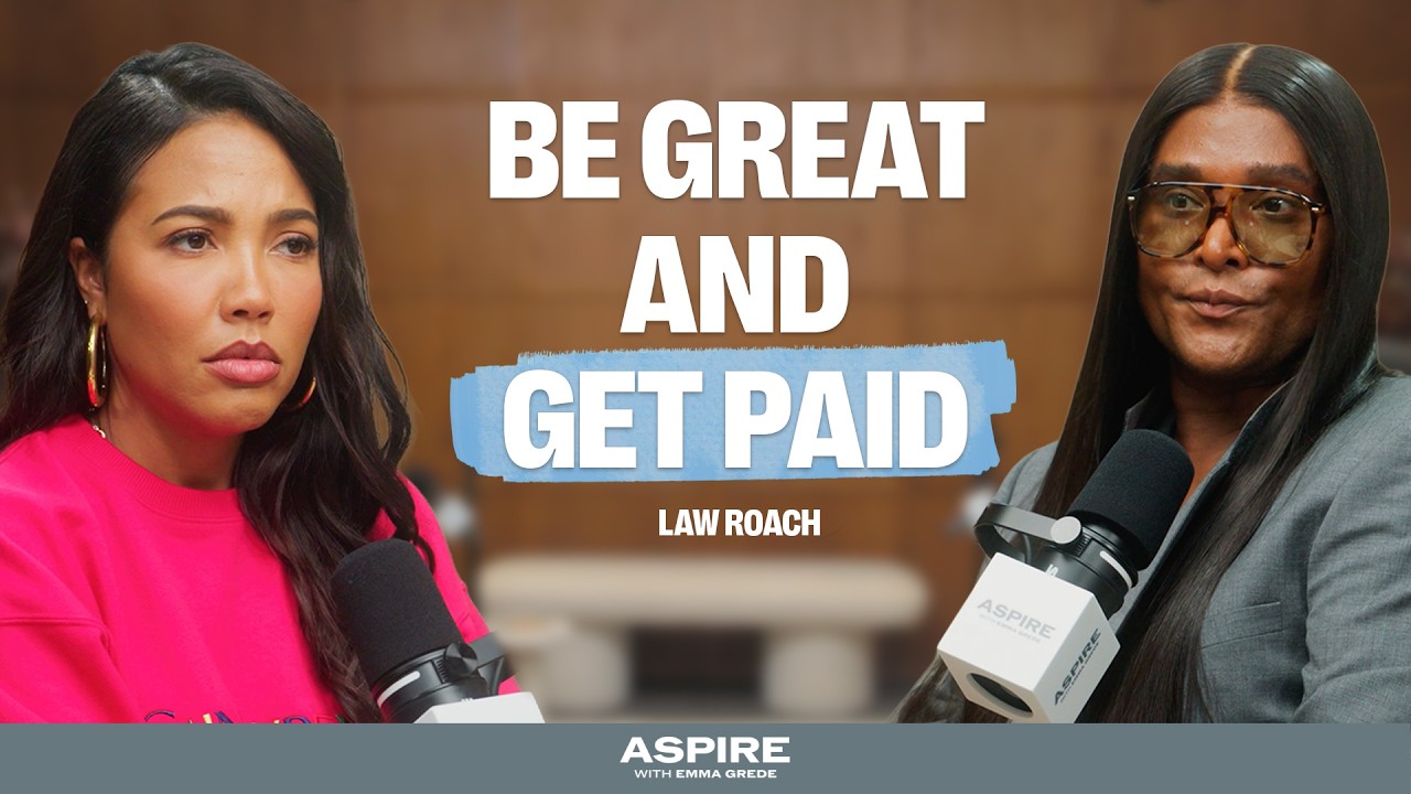 Emma Grede and Law Roach speaking into microphones during an Aspire podcast interview