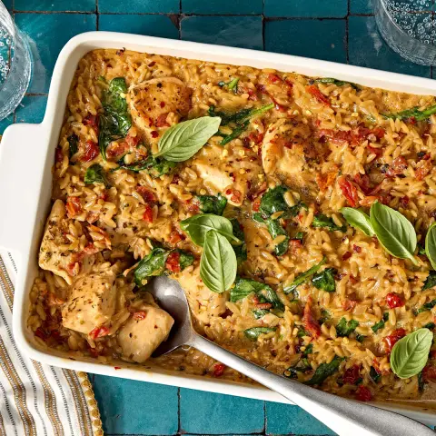 A prepared serving of lightened-up chicken orzo casserole