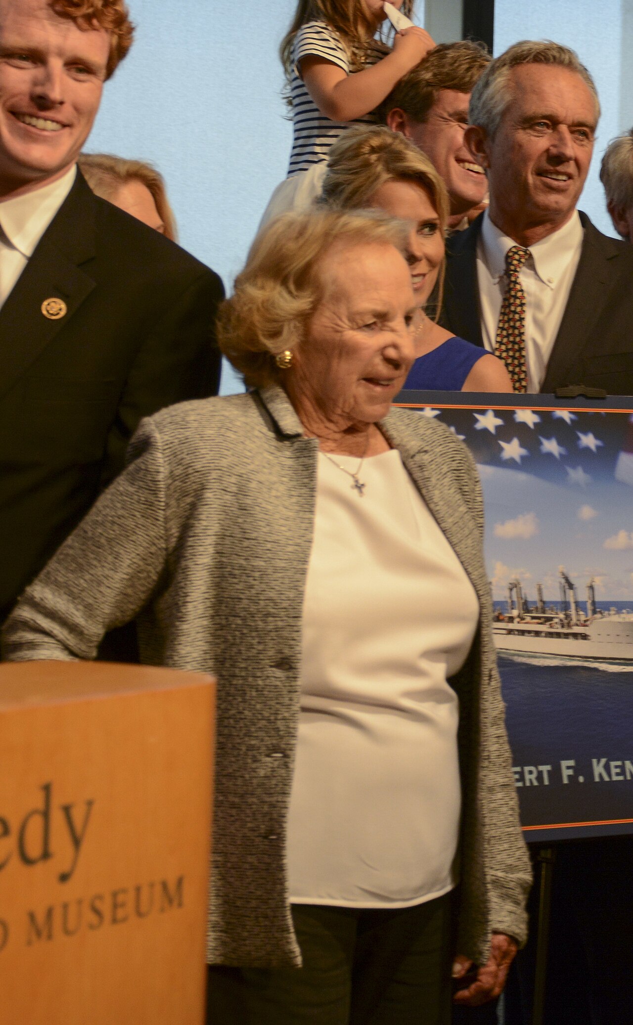 Members of the Kennedy family, including Ethel Kennedy, pose with Navy Secretary Ray Mabus at the John F. Kennedy Presidential Library in Boston in September 2016.