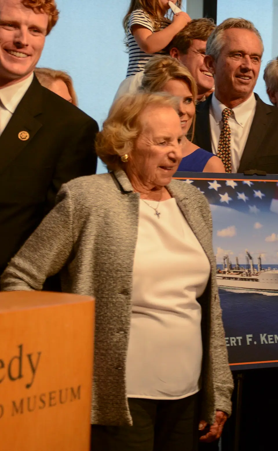 Members of the Kennedy family, including Ethel Kennedy, pose with Navy Secretary Ray Mabus at the John F. Kennedy Presidential Library in Boston in September 2016.