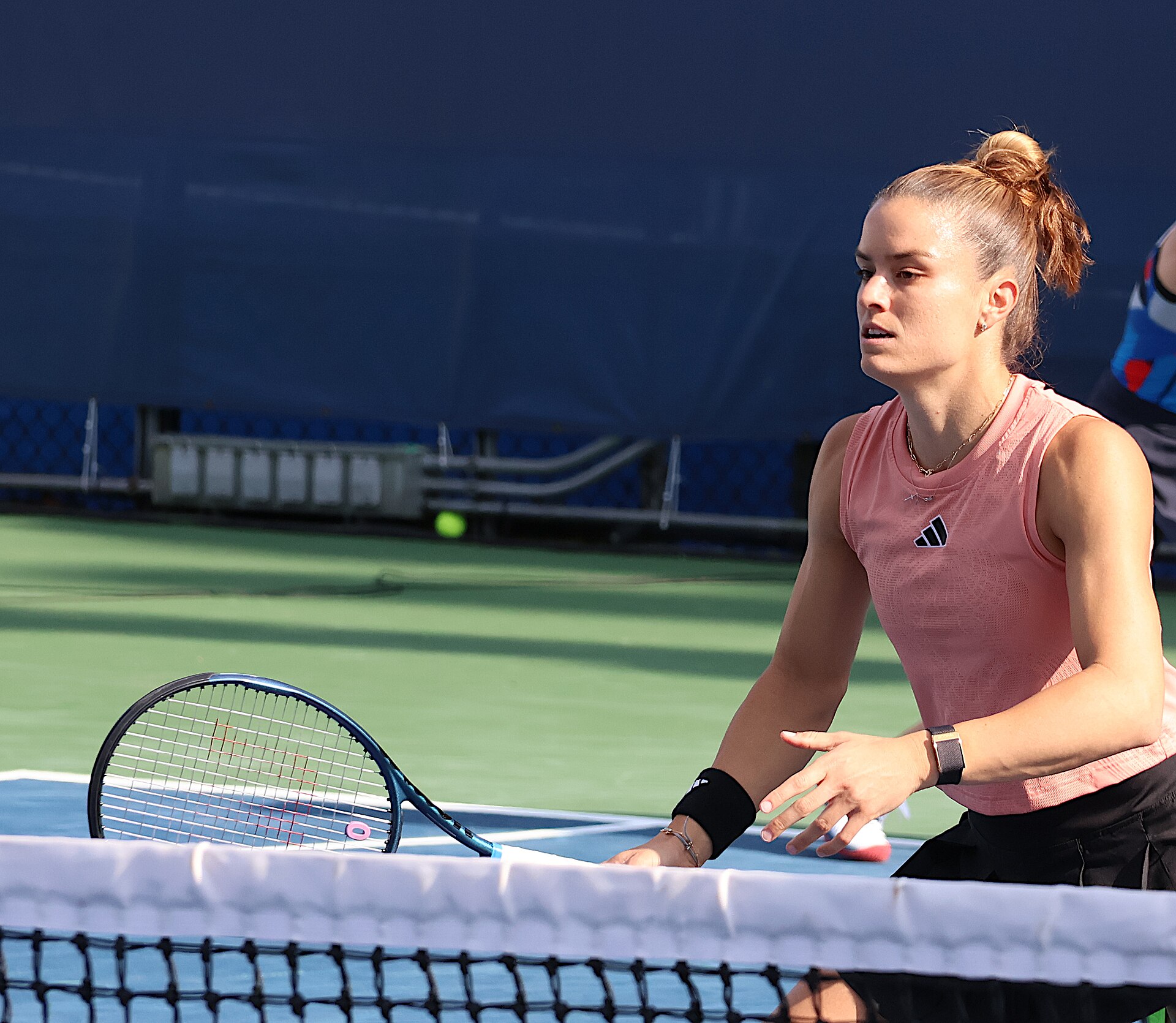 Maria Sakkari playing a doubles match at the 2023 DC Open in Washington