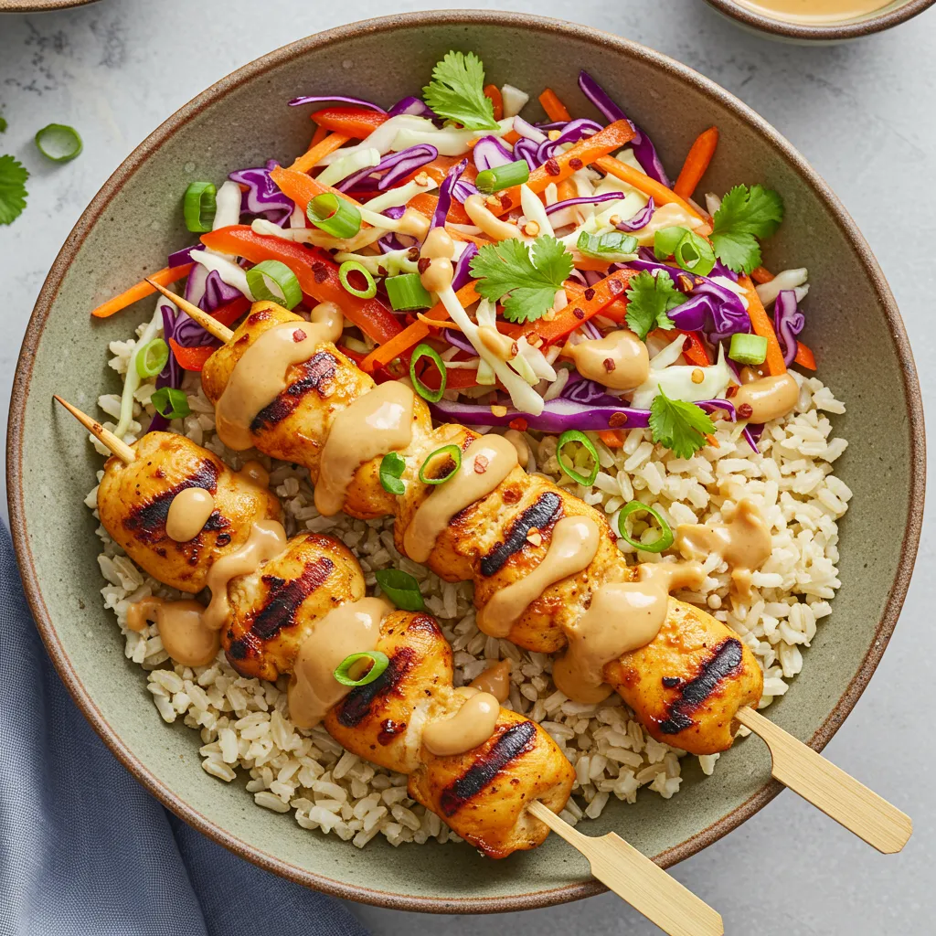 A prepared serving of chicken satay brown rice bowl