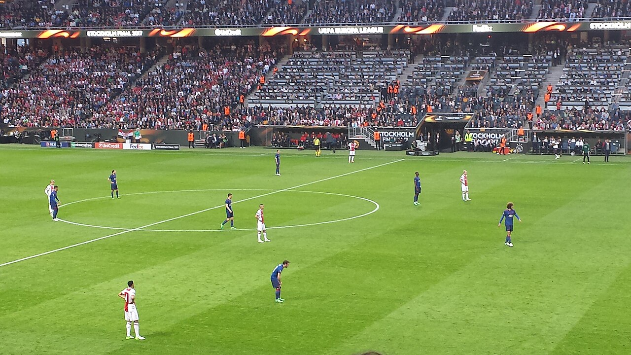 Ajax and Manchester United play in the 2017 UEFA Europa League final under stadium floodlights