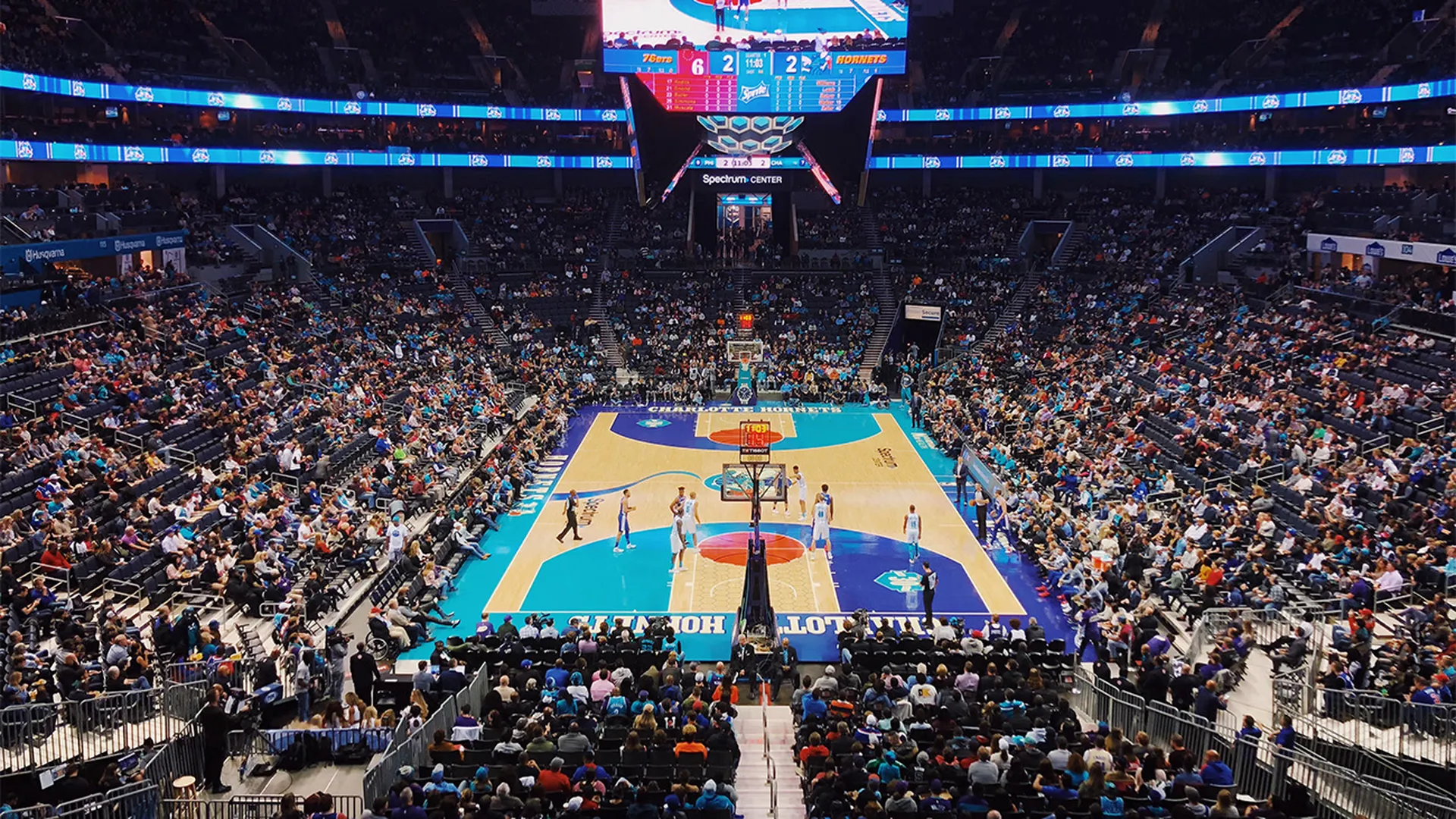 A Charlotte Hornets game in progress before a packed crowd at Spectrum Center in Charlotte