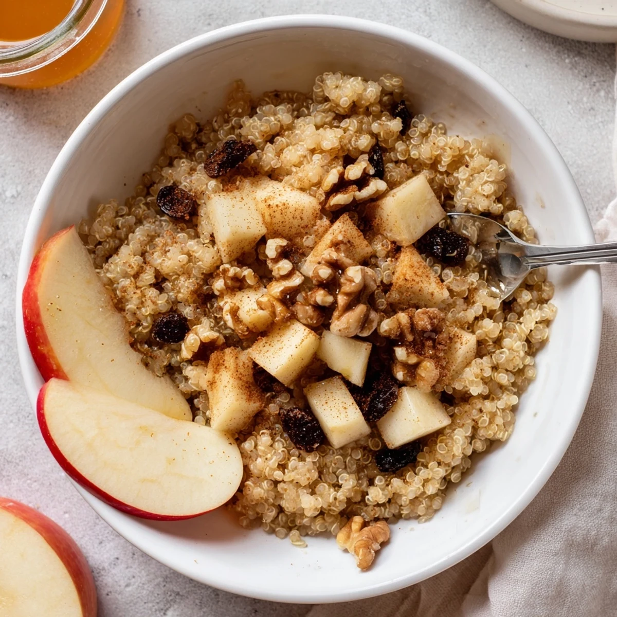 A prepared serving of apple-cinnamon quinoa breakfast bowl