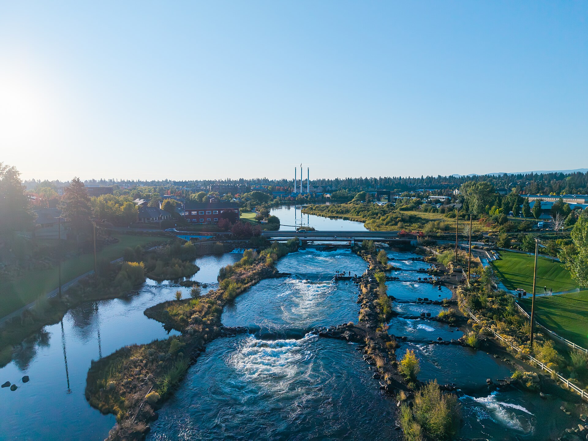 Aerial view of the Deschutes River winding through Bend, Oregon, in September 2026