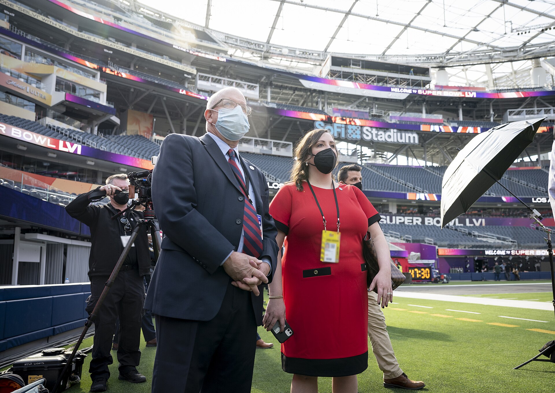 Homeland Security Secretary Alejandro Mayorkas touring SoFi Stadium in February 2022 ahead of Super Bowl LVI