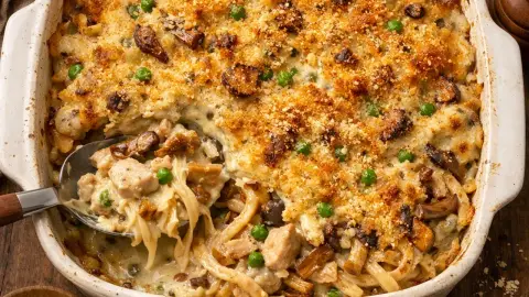 creamy leftover turkey tetrazzini as a finished dish ready to serve.