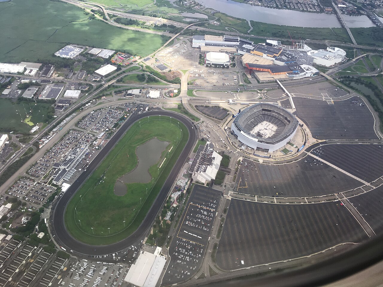 Aerial view of the Meadowlands Sports Complex in East Rutherford, New Jersey, home of the Giants, taken from a plane in August 2018