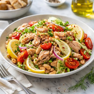 A prepared serving of lemon-herb tuna and white bean salad