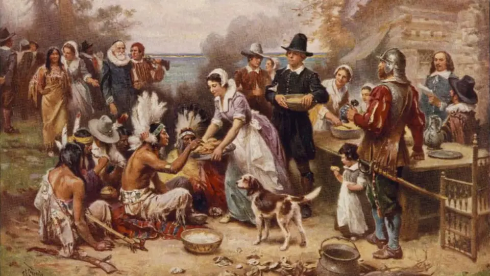 Jean Leon Gerome Ferris's later painting of the 1621 harvest gathering between Plymouth colonists and Wampanoag people