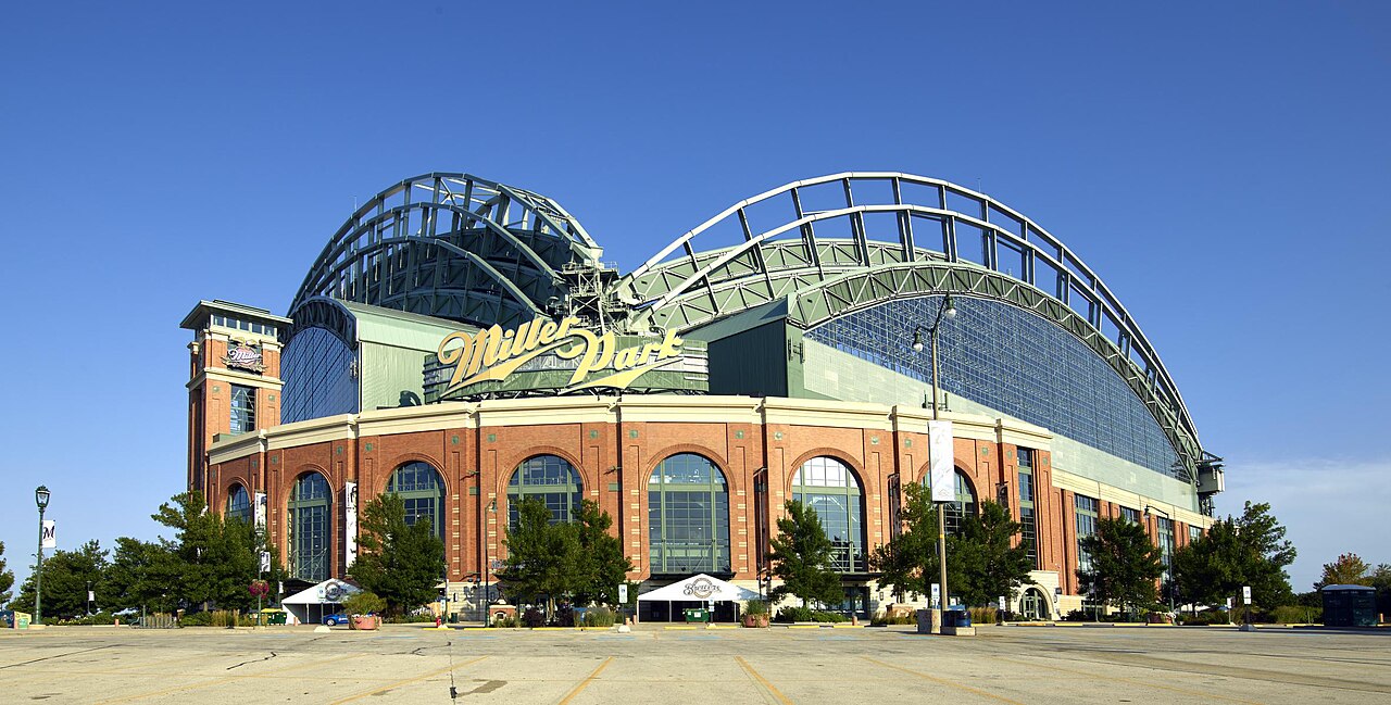 Exterior of American Family Field, then called Miller Park, the Milwaukee Brewers' ballpark that hosts World Series Games 1, 2, 6 and 7 (file photo from 2016, not from the series)