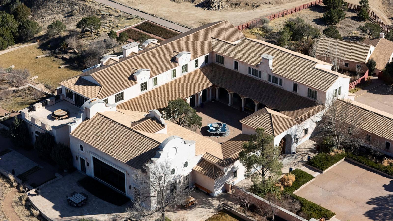 Aerial view of the former Zorro Ranch compound near Stanley, New Mexico, photographed in March 2026