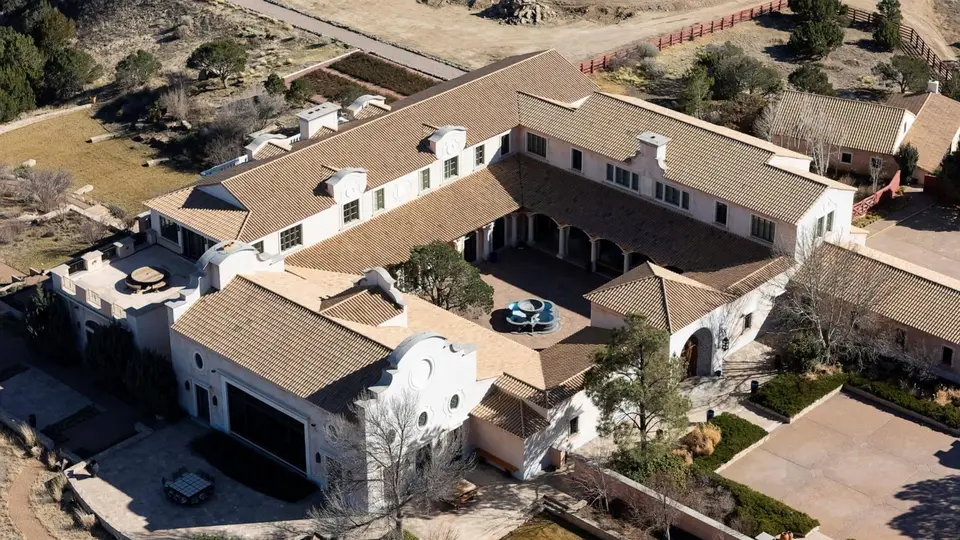 Aerial view of the former Zorro Ranch compound near Stanley, New Mexico, photographed in March 2026