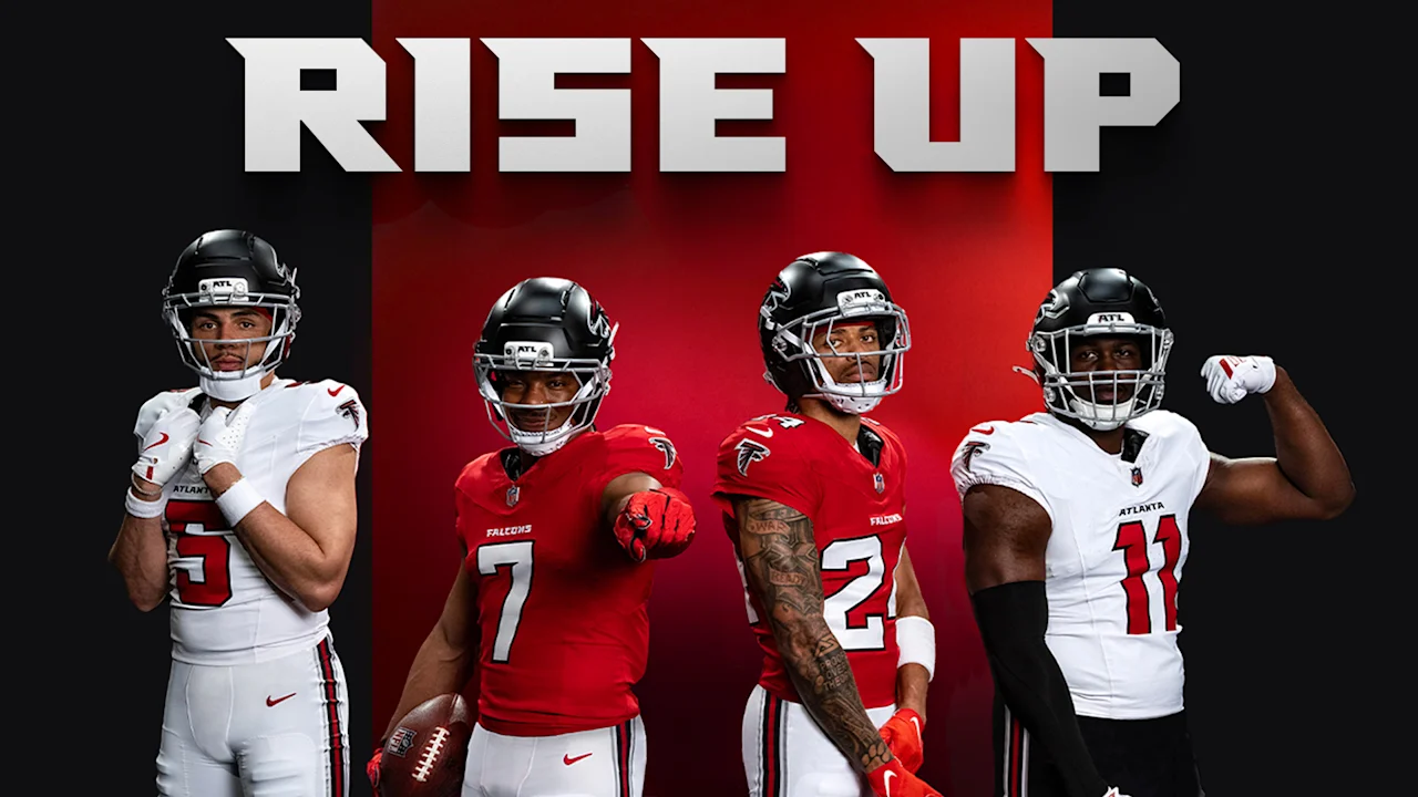 Atlanta Falcons player shown in the team’s red-helmet throwback uniform
