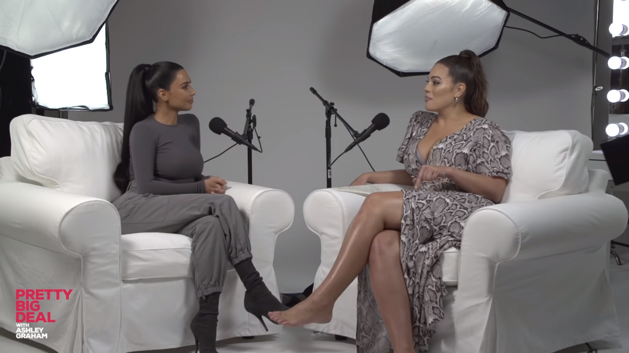File photo from 2018 of Kim Kardashian, left, posing with model Ashley Graham; not from the Halloween post.