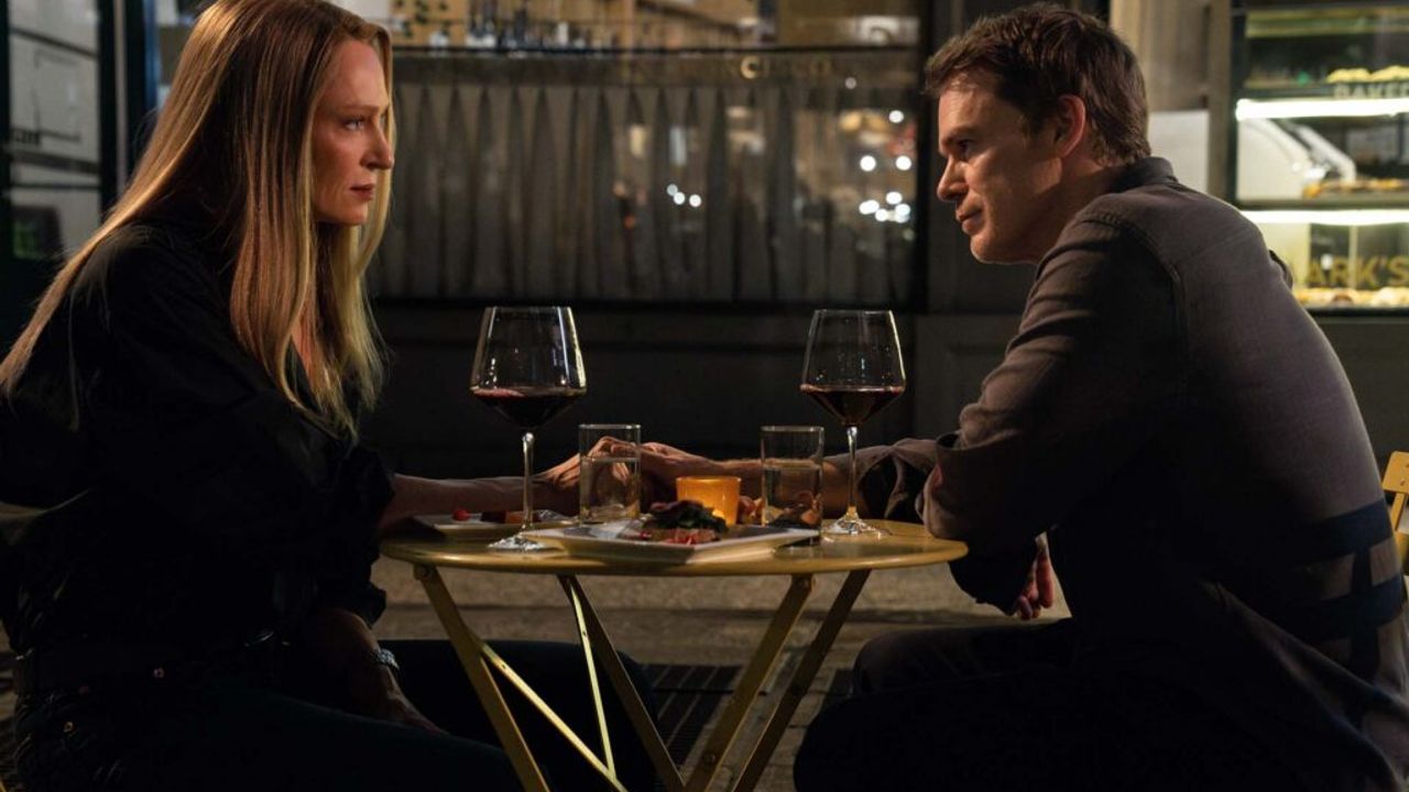 Uma Thurman as Charley and Michael C. Hall as Dexter Morgan in Dexter: Resurrection season two; official Paramount+ publicity still.