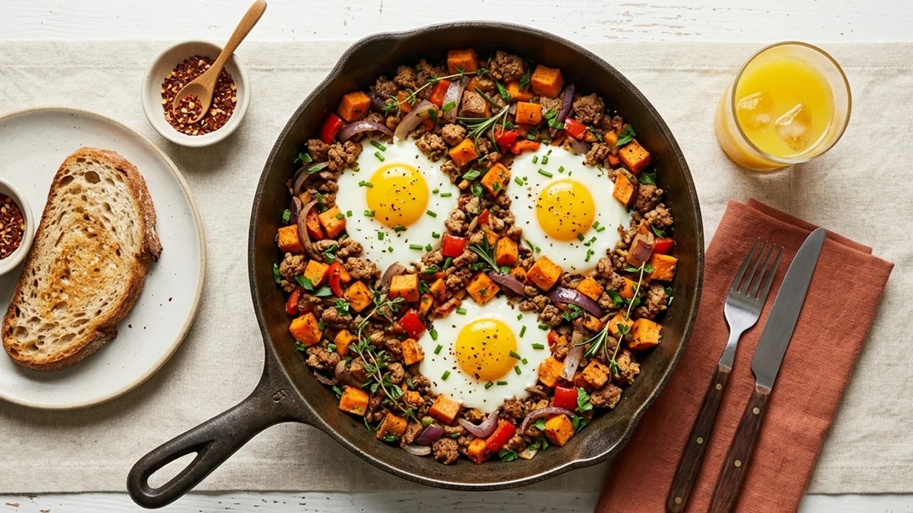 crispy turkey and potato breakfast hash as a finished dish ready to serve.
