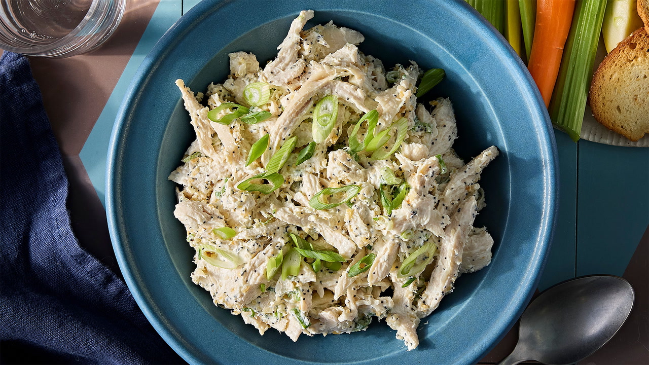 A prepared serving of everything bagel chicken salad