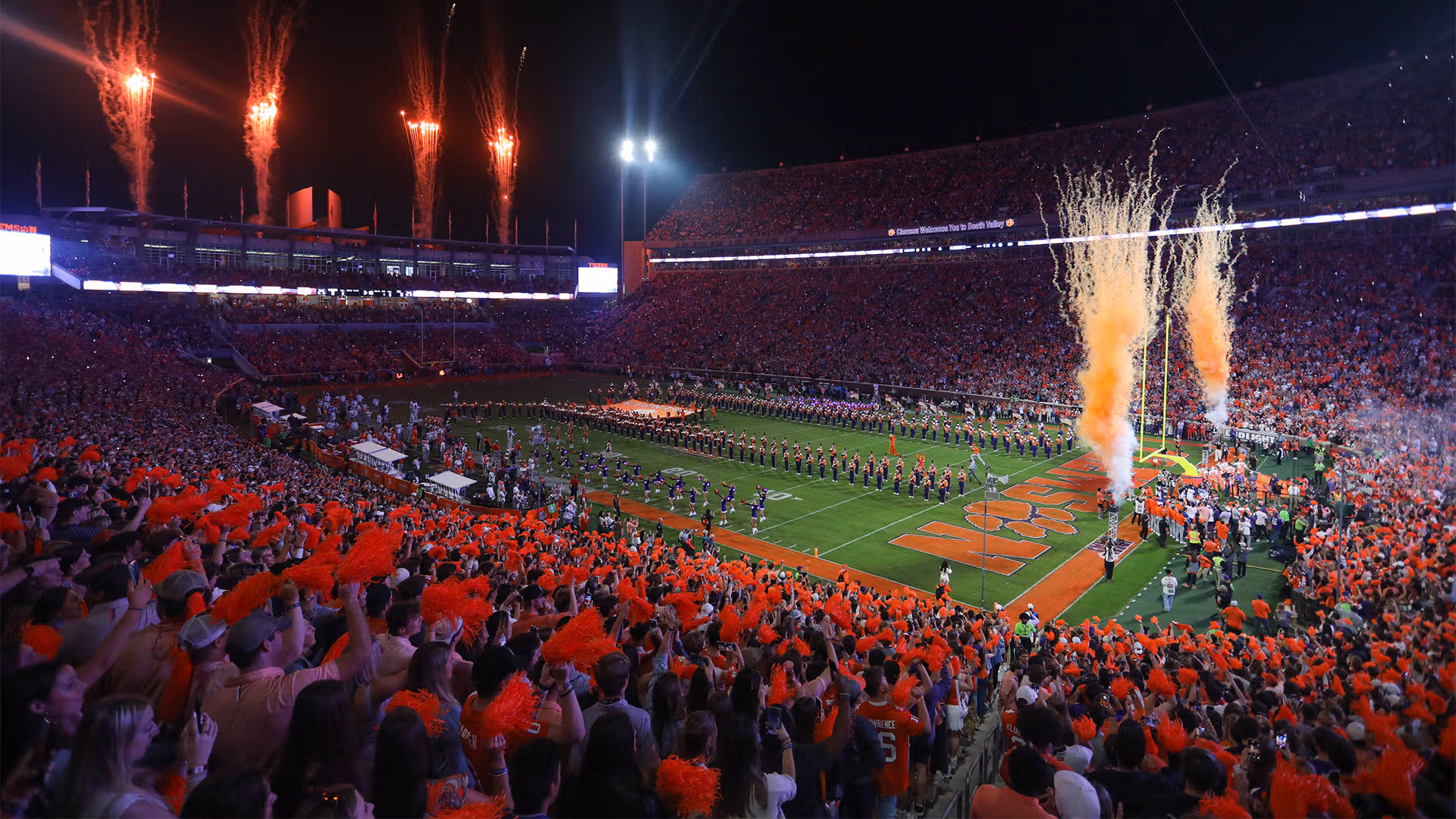 Clemson fans fill Memorial Stadium as the Tigers take the field beneath fireworks
