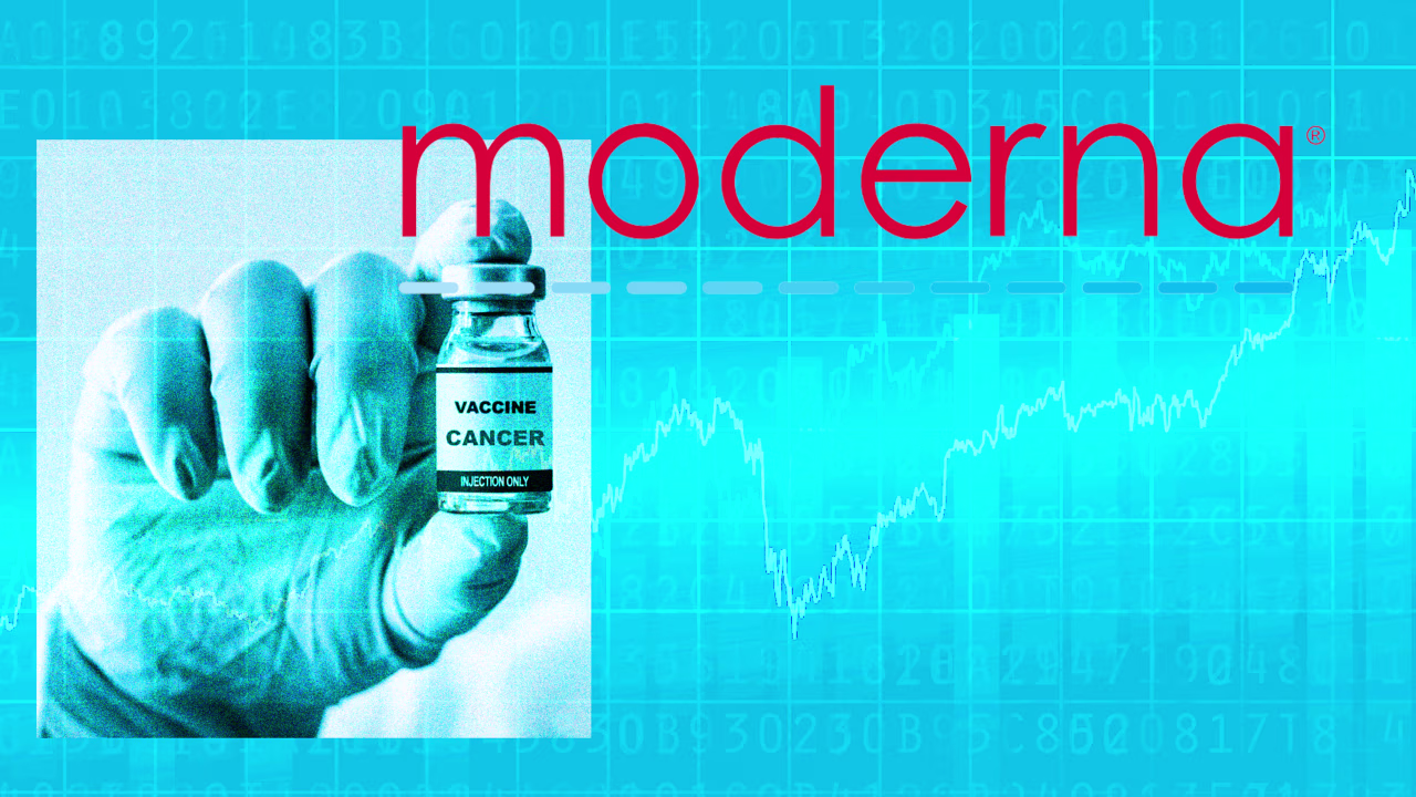 Illustration of a gloved hand holding a cancer-vaccine vial beside Moderna branding and stock-market graphics.