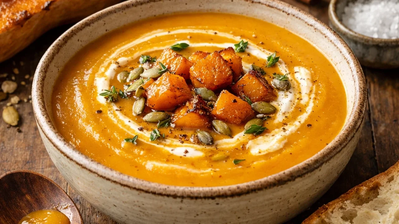 roasted butternut squash soup as a finished dish ready to serve.